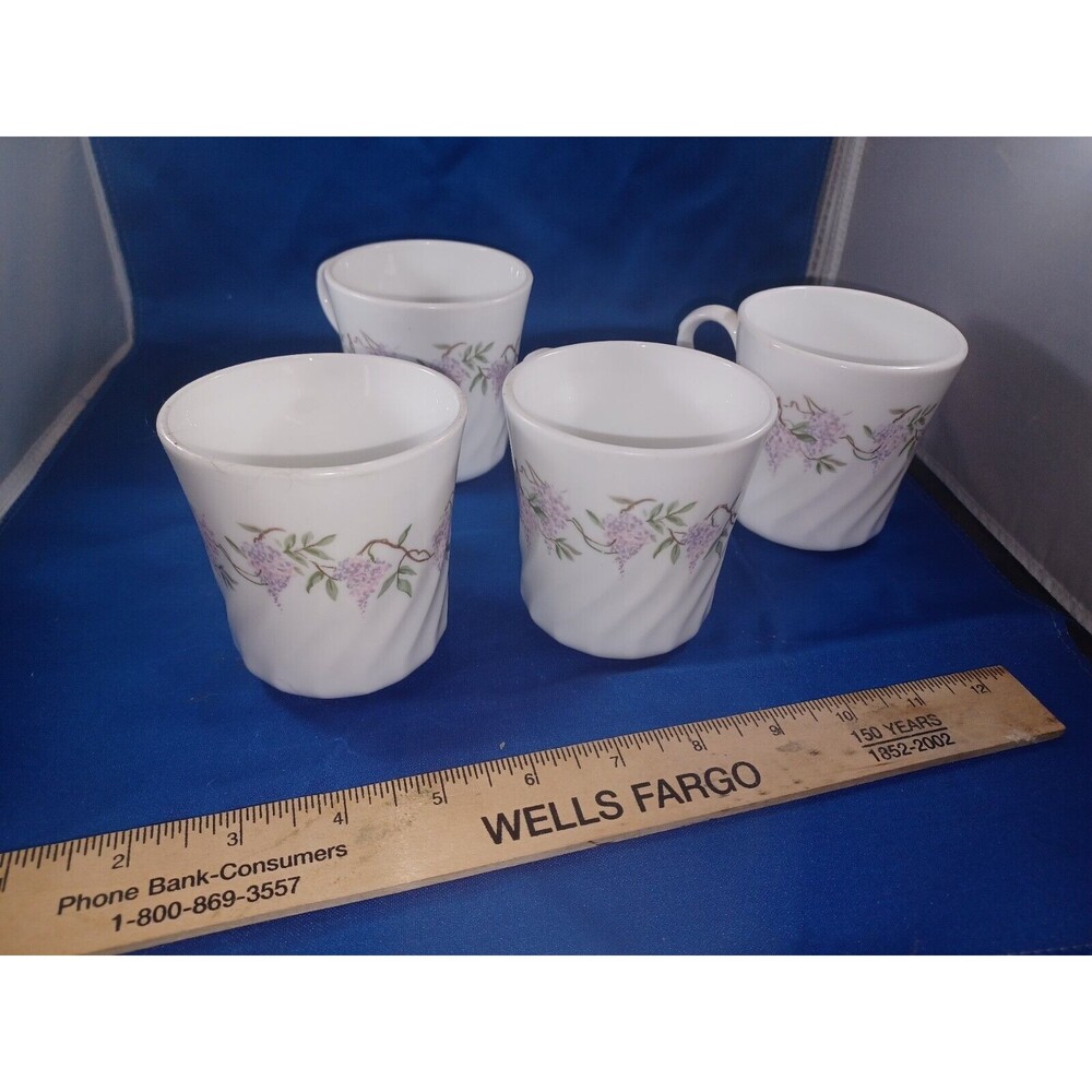 Vintage Corning Corelle Wisteria Floral Swirl Coffee Mugs /Tea Cups Set Of 4